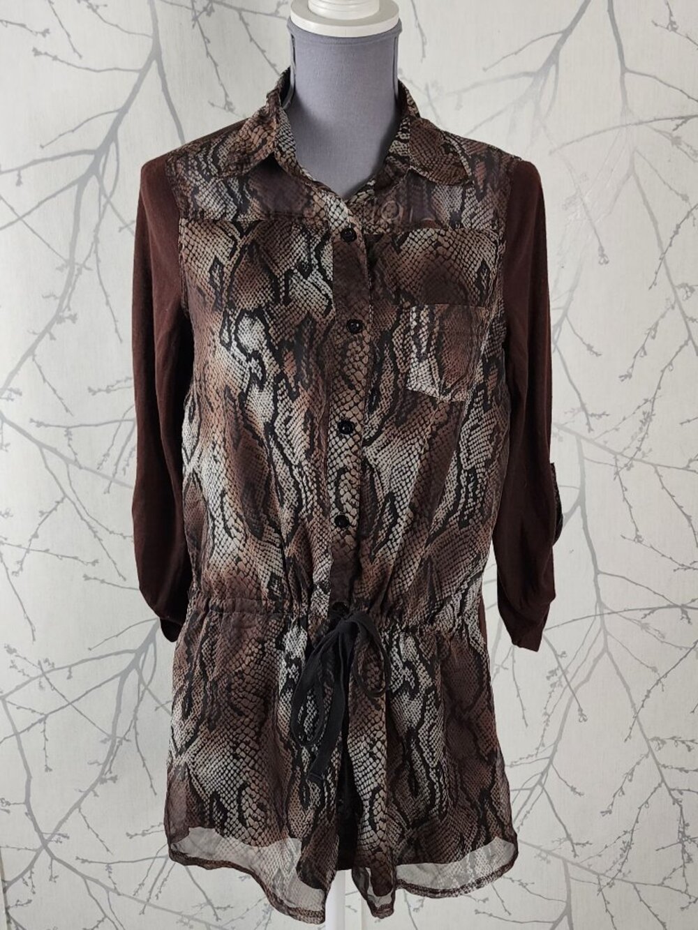 Fate Brown Snakeskin Print Button Up Cinch Waist Tunic